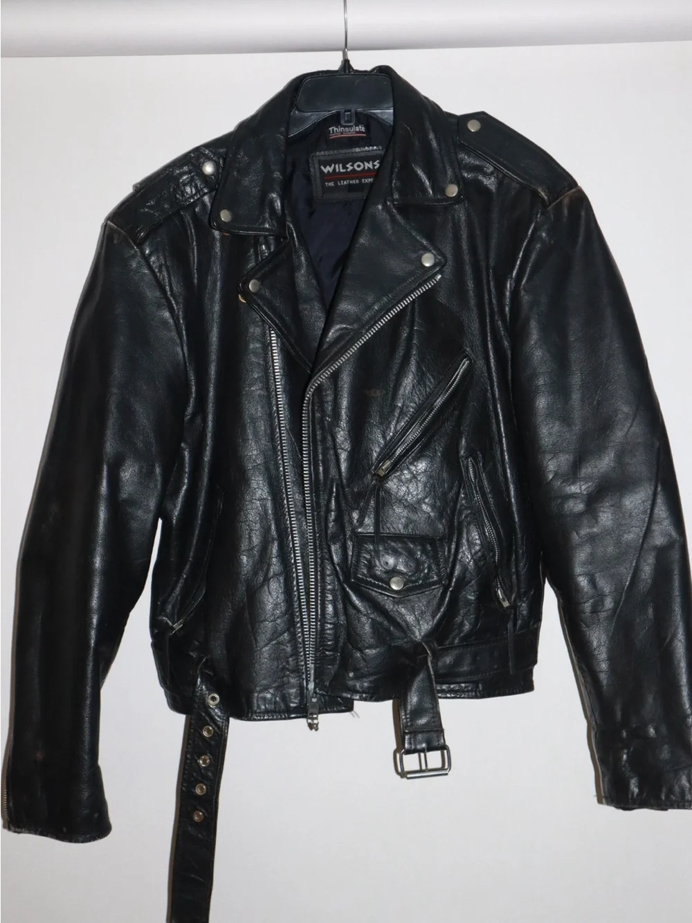 Wilsons Black Leather Biker Jacket with Belted Waist - Picture 1 of 4